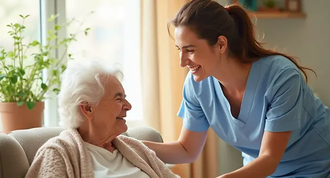 A young woman caring for an elderly woman