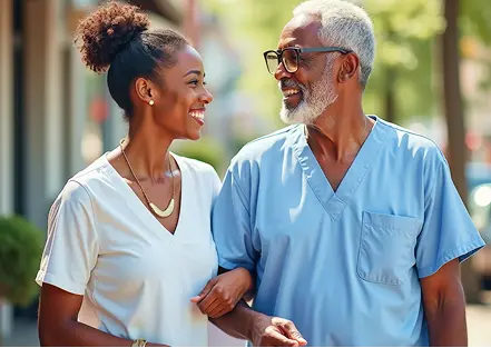 a man and a woman smile