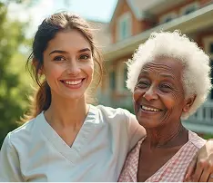 two women smile