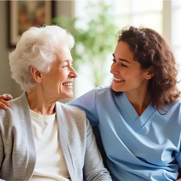 two women smile