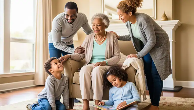 Multigenerational Black family gathers, sharing a moment of joy and connection.
