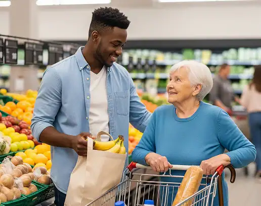 Young man assisting elderly woman with groceries at supermarket