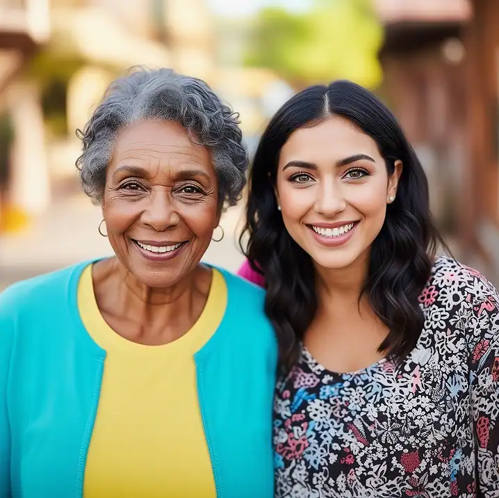 Happy grandmother and granddaughter smiling together