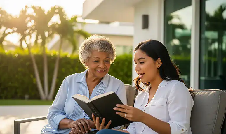 Grandmother and granddaughter reading a book together outdoors in the sunshine.