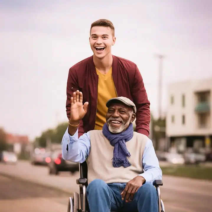 Young man pushing senior man in wheelchair, both waving and smiling. Elderly care services.