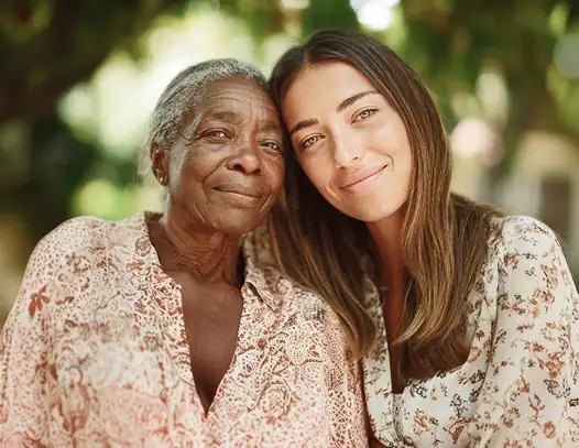 Elderly Black woman with younger woman, representing transfer home care