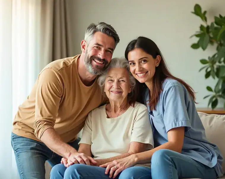 Senior woman smiling with her son and a caregiver
