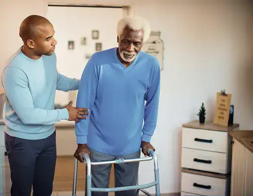 Caregiver assisting senior man using walker in home setting.