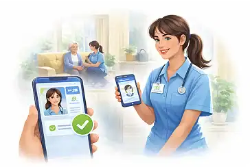 Nurse verification app showing caregiver with elderly patient. Home healthcare concept.