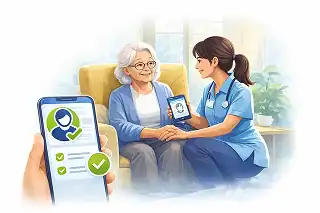 A nurse sits with an elderly woman in a cozy room, both smiling, holding a tablet displaying a patient profile. A smartphone in the foreground shows medical data.